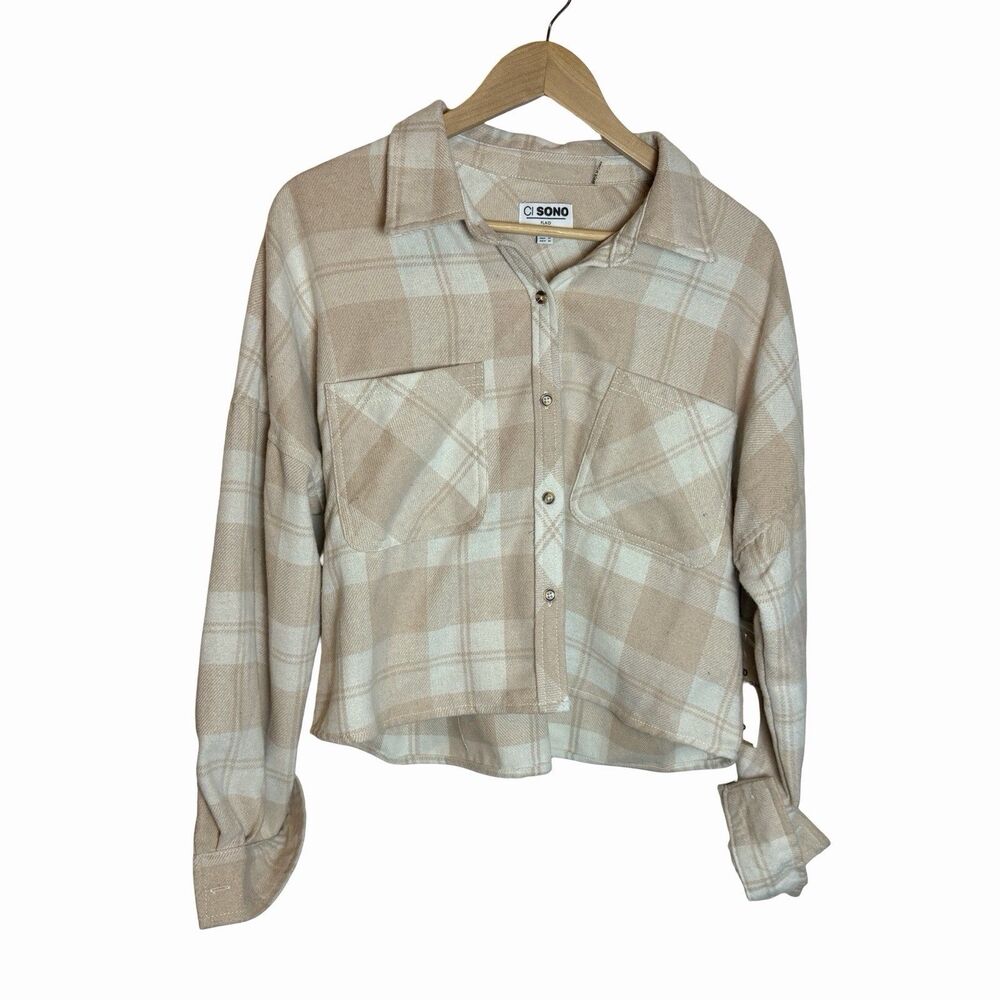 Plaid Cropped Flannel Shirt Womens Size M Light Brown Top Button Down Ci Sono